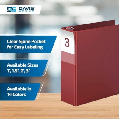 Davis - Reliure à anneaux Essential - format lettre - format 8 1/2 po (215,90 mm) x 11 po (279,40 mm) - 625 Capacité en feuilles - 3 x 3 po (76,20 mm) Ring(s) - Fastener(s) : Anneau en D - Pocket(s) : 2, À l'intérieur avant et arrière - Polypropylène - Bourgogne - 9,  