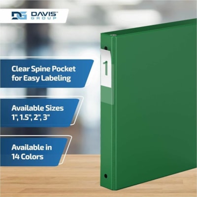 Davis - Reliure à anneaux Essential - format lettre - format 8 1/2 po (215,90 mm) x 11 po (279,40 mm) - 200 Capacité en feuilles - 3 x 1 po (25,40 mm) Ring(s) - Fastener(s) : Anneau rond - Pocket(s) : 2, À l'intérieur avant et arrière - Polypropylène - Vert - 5,15 lb  