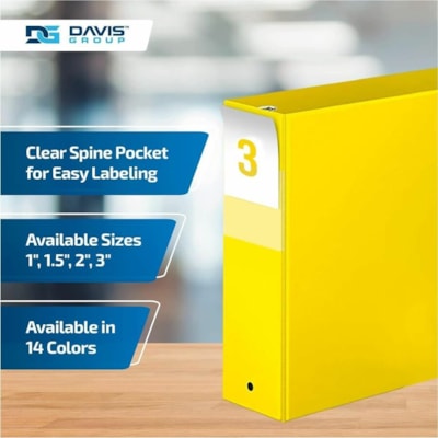 Davis Group - Reliure à anneaux Essential - format lettre - format 8 1/2 po (215,90 mm) x 11 po (279,40 mm) - 600 Capacité en feuilles - 3 x 3 po (76,20 mm) Ring(s) - Fastener(s) : Anneau rond - Pocket(s) : 2, À l'intérieur avant et arrière - Polypropylène - Jaune -   
