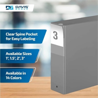 Davis Group - Reliure à anneaux Essential - format lettre - format 8 1/2 po (215,90 mm) x 11 po (279,40 mm) - 600 Capacité en feuilles - 3 x 3 po (76,20 mm) Ring(s) - Fastener(s) : Anneau rond - Pocket(s) : 2, À l'intérieur avant et arrière - Polypropylène - Gris - 9  