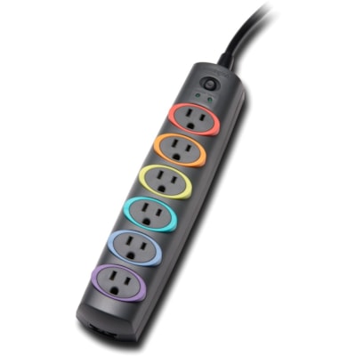 Kensington SmartSockets Basic Surge Protector - Gray - Right Angle - 6 x AC Power - 370 J - Phone - 6 ft (1.83 m) - External 670 JOULES  EMI/RFI  6 OUTLET 6 FT CORD. COLOUR CODED RINGS