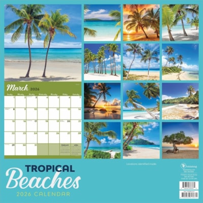TF Publishing 2026 Tropical Beaches Wall Calendar - Monthly - 12 Month - January 2026 to December 2026 - 12" (304.80 mm) x 24" (609.60 mm) Sheet Size - Wall Mount - Multi - Paper - Monthly Grid, Plastic-free, Bonus Month  
