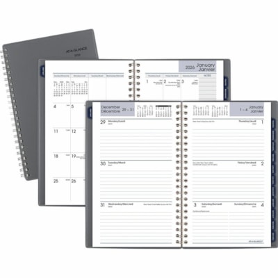 At-A-Glance 2026 Traditional Weekly/Monthly Planner - 8" H x 5" W - Grey - Bilingual - Weekly, Monthly - 12 Month - January 2026 to December 2026 - 1 Week, 1 Month Double Page Layout - 5" (127 mm) x 8" (203.20 mm) Sheet Size - Spiral Bound - Paper - Dark Gray Polypropylene, Poly Cover - Monthly Tab, 12 MONTHS (JANUARY-DECEMBER) BILINGUAL