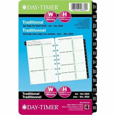 Day-Timer Refill Weekly Desk Size 2PPW Bilingual - Desk - Weekly - 12 Month - January 2025 to December 2025 - 1 Day, 1 Week Double Page Layout - 5 1/2" (139.70 mm) x 8 1/2" (215.90 mm) Sheet Size - 7 x Holes - Paper - Reference Month, Planner Page, Auto Mileage - 1 Each 5.5X8.5 30% PCW