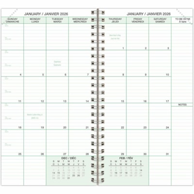 Day-Timer 2026 Wirebound Dated Refill 2 Pages/Day Pocket - 6-1/2" H x 3-1/2" W - Bilingual - Pocket - Daily - 12 Month - January 2026 to December 2026 - 8:00 AM to 5:00 PM - Quarter-hourly - 1 Day Double Page Layout - 3 1/2" (88.90 mm) x 6 1/2" (165.10 mm) Sheet Size - Spiral Bound - Green - Paper C 3-1/2 X 6-1/2 BILINGUAL 30% PCW