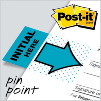 languette Post-it® - 100 - largeur de drapeau/note 1 po (25,40 mm) x longueur de drapeau/note 1 3/4 po (44,45 mm) - Flèche, Rectangulaires - Non ligné - Initiale ici - Bleu - Amovible, Autocollant - Distribluteur inclus - 100 / emballage  