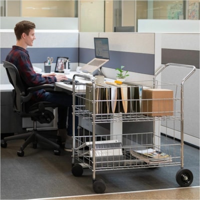 Fellowes Wire Mail Cart - 200 lb (90718.47 g) Capacity - 4 Casters - 6" (152.40 mm), 4" (101.60 mm) Caster Size - Steel - 21.5" (546.10 mm) Width x 37.5" (952.50 mm) Depth x 39.5" (1003.30 mm) Height - Chrome - 1 Each HOLDS LETTER OR LEGAL FILES 18WX38 1/5"DX39-1/4H