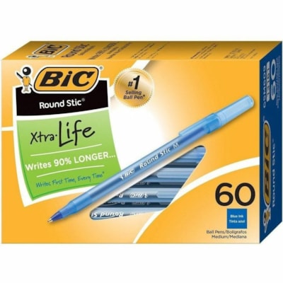 BIC Round Stic Ballpoint Pens - Medium Pen Point - Blue Ink - Blue Barrel - 60 / Box BULK BOX 60 PENS PER PK 