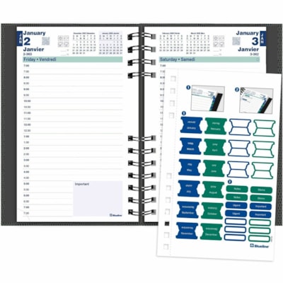 Blueline 2026 CoilPro 12-Month Daily Planner - January to December - 8" x 5" - Assorted Colours - Bilingual - Julian Dates - Daily - 12 Month - January 2026 to December 2026 - 7:00 AM to 7:30 PM - Half-hourly - 1 Day Single Page Layout - 5" (127 mm) x 8" (203.20 mm) Sheet Size - Twin Wire - Assorted  