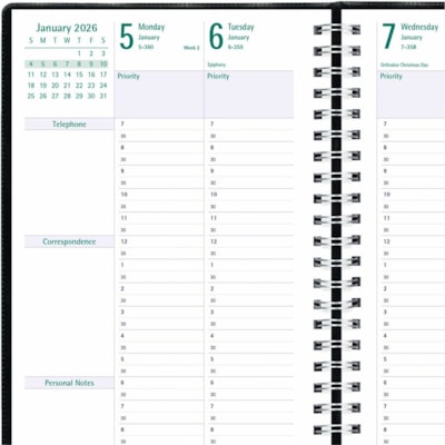 Blueline 2026 Timanager 13-Month Weekly/Monthly Planner - December to December - 9-1/16" x 5-7/8" - Black - English - Julian Dates - Weekly, Monthly - 13 Month - December 2025 to December 2026 - 7:00 AM to 8:30 PM - Half-hourly - 1 Week Double Page Layout - 5 7/8" (149.23 mm) x 9 11/64" (232.82 mm)   