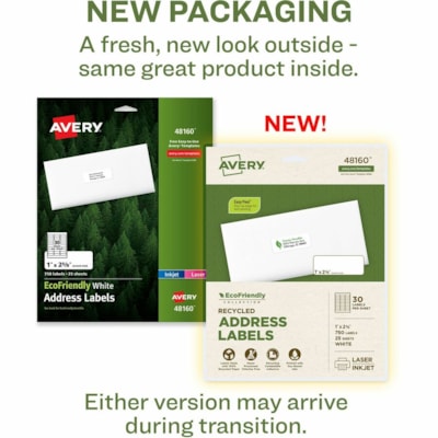Avery® Eco-Friendly Address Labelsfor Laser and Inkjet Printers, 1" x 2-5/8" - 1" (25.40 mm) Width x 2 5/8" (66.68 mm) Length - Permanent Adhesive - Rectangle - Laser, Inkjet - Matte - White - Paper - Recyclable, PVC-free, Permanent Adhesive, Customizable, Chlorine-free, Water Based, Peel-off -  1X2-5/8  30LBLS/SHT  25SHT/PK 750/PK INKJET & LASER COMPAT.