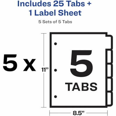 Avery® Print & Apply Clear Label Dividers, Index Maker(R) Easy Apply(TM) Printable Label Strip, 5 White Tabs, 5 Sets (11436) - 25 x Divider(s) - Print-on Tab(s) - 5 - 5 Tab(s)/Set - 8.50" (215.90 mm) Divider Width x 11" (279.40 mm) Divider Length - 3 Hole Punched - White Paper Divider - White Pa LASER AVERY 3 CLEAR LABEL SHEETS REINFORCED  20% PCW