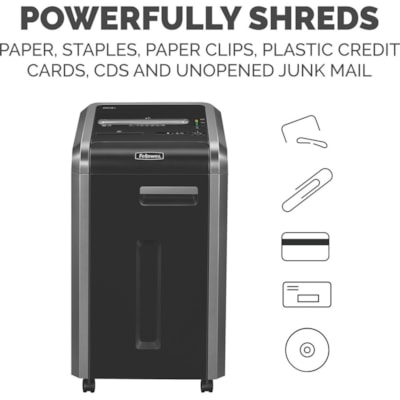 Fellowes Powershred® 225Ci 100% Jam Proof Cross-Cut Shredder - Continuous Shredder - Cross Cut - 22 Per Pass - for shredding Staples, Credit Card, CD, DVD, Paper Clip, Junk Mail, Paper - 0.2" (3.96 mm) x 1.5" (38.10 mm) Shred Size - P-4 - 2.80 in/s (71.12 mm/s) - 9.5" (241.30 mm) Throat - 60.57  20 SHTS CROSS CUT TEMP#3440101 SHRED SIZE 4MM X 38MM 16 GAL