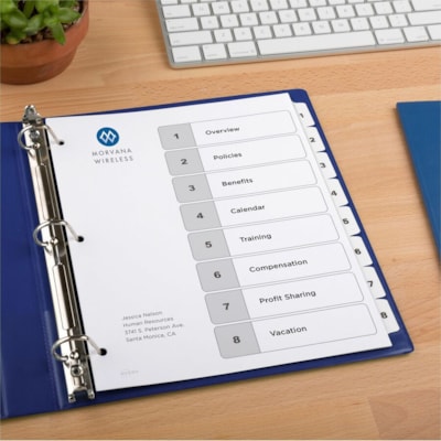 Avery® Ready Index® Table of Content Dividersfor Laser and Inkjet Printers, 8 tabs - 8 x Divider(s) - 8 Printed Tab(s) - Digit - 1-8 - 8 Tab(s)/Set - 8.50" (215.90 mm) Divider Width x 11" (279.40 mm) Divider Length - Letter - 8.50" (215.90 mm) Width x 11" (279.40 mm) Length - 3 Hole Punched  LASER/INK JET  BLACK & WHITE 8 TABS  1 SET/PKG