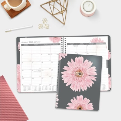 Blueline 2026 Pink Ribbon 14-Month Monthly Planner - December to January - 8-7/8" x 7-1/8" - Pink Daisy - Bilingual - Monthly - 14 Month - December 2025 to January 2027 - 1 Month Double Page Layout - 8 7/8" (225.43 mm) x 7 1/8" (180.98 mm) Sheet Size - Twin Wire - Pink Daisy - Paper - Pink Cover - 0  