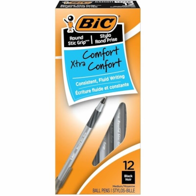 BIC Round Stic Grip Extra Comfort Black Ballpoint Pens, Medium Point (1.2mm), 12-Count Pack, Perfect Writing Pens With Soft Grip for Superb Comfort and Control - 1.2 mm (0.05") Medium Pen Point - Black Ink - 12 Pack ROUND STIC DISPOSABLE 
