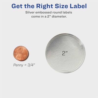 Avery® Silver Foil Round Labels 2" Diameter, Permanent Adhesive, for Inkjet Printers - - HeightPermanent Adhesive - Round - Inkjet - Silver - Paper - 12 / Sheet - 8 Total Sheets - 96 Total Label(s) - 96 / Pack 2" DIA 96 LABELS  MATTE SILVER FOIL