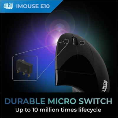 Adesso 2.4 GHz Wireless Vertical Ergonomic Mouse - Optical - Wireless - 30 ft (9144 mm) - Radio Frequency - 2.40 GHz - Black - USB - 1600 dpi - Scroll Wheel - 6 Button(s) - Right-handed - 2 x AAA Battery Supported  mouse  3 BTN  1000/1500/2000 switchable DPI  Blac