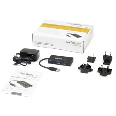 StarTech.com 3 Port Portable USB 3.0 Hub with Gigabit Ethernet Adapter NIC - 5Gbps - Aluminum w/ Cable - Add 3 external USB 3.0 ports w/ UASP and a Gb Ethernet port to your laptop through one USB 3.0 port - 3 Port Portable USB 3.0 Hub w/ Gb Ethernet Adapter NIC - Works w/ Microsoft Surface Pro 4, Su  PERP 