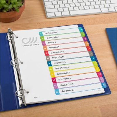 Avery® Ready Index® Customizable Table of Contents Dividersfor Laser and Inkjet Printers, 12 tabs, 1 set - 12 x Divider(s) - 12 Printed Tab(s) - Digit - 1-12 - 12 Tab(s)/Set - 8.50" (215.90 mm) Divider Width x 11" (279.40 mm) Divider Length - Letter - 8.50" (215.90 mm) Width x 11" (279.40 mm 1-12 NUMBERED TABS  PAPER CONTEMPORARY MULTI COLOURS