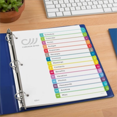 Avery® Ready Index® Customizable Table of Contents Dividersfor Laser and Inkjet Printers, 15 tabs, 1 set - 15 x Divider(s) - 15 Printed Tab(s) - Digit - 1-15 - 15 Tab(s)/Set - 8.50" (215.90 mm) Divider Width x 11" (279.40 mm) Divider Length - Letter - 8.50" (215.90 mm) Width x 11" (279.40 mm 1-15 NUMBERED TABS  PAPER CONTEMPORARY MULTI COLOURS