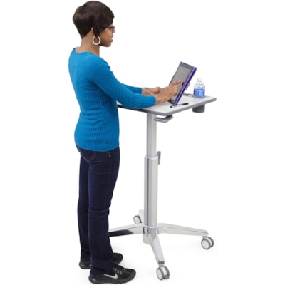 Ergotron LearnFit Sit-Stand Desk, Short - Laminated Rectangle Top - Melamine Laminate X-shaped Base - 4 Legs - 15 lb (6.80 kg) Capacity - Height Adjustable - 29" (736.60 mm) to 44" (1117.60 mm) Adjustment - 24" (609.60 mm) Table Top Width x 22" (558.80 mm) Table Top Depth - 45" (1143 mm) Height - St  ADJUSTABLE STANDING DESK  CLE AR ANODIZED