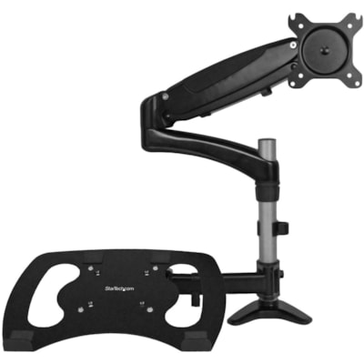 StarTech.com Laptop Monitor Stand, Computer Monitor Stand, Articulating, VESA Mount Monitor Desk Mount, For up to 27"(17.6lb/8kg) Displays - Raise your laptop & monitor off your desk, to create a dual-display workspace and increase productivity - Single Monitor Arm with Laptop Stand - Works on all V  CPNT 