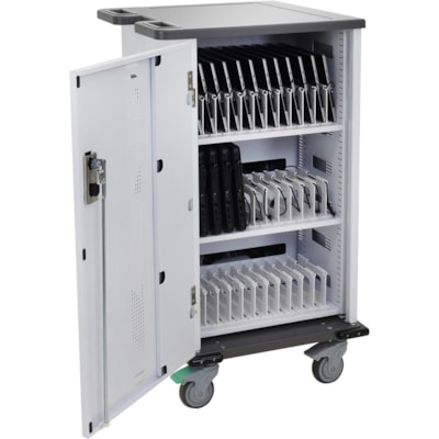 Ergotron YES Basic Charging Cart for Mini-laptops - 3 Shelf - Dual Handle - 60 lb (27215.54 g) Capacity - 4 Casters - 4" (101.60 mm) Caster Size - Steel, Wood - 23.2" (588.52 mm) Width x 41.5" (1054.10 mm) Depth x 23.4" (593.85 mm) Height - Metallic Gray, Polar White - For 36 Devices  o 36 Tablets  Chromebook  and devices of any thick