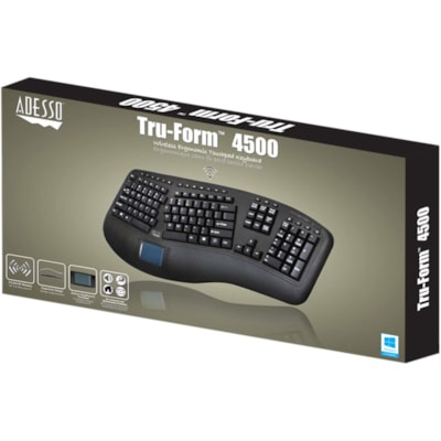 Adesso 2.4GHz Wireless Ergonomic Touchpad Keyboard - Wireless Connectivity - RF - 30 ft (9144 mm) - 2.40 GHz - USB Interface - 105 Key(s) - 20 Hot Key(s) - Previous Track, Next Track, Play/Pause, Volume Up, Volume Down, Mute, Forward, Search, Wake-up, My Computer, Sleep, ... Hot Key(s) - Windows 10, m Media 3D  Ergonomic  Touchpa d Keyboard  with  sp