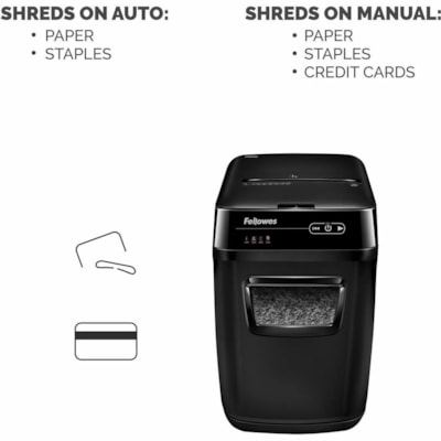 Fellowes AutoMax(tm) 200M Auto Feed Shredder - Non-continuous Shredder - Micro Cut - 200 Per Pass - for shredding Staples, Credit Card, Paper - 0.1" (1.98 mm) x 0.5" (13.87 mm) Shred Size - P-5 - 2.20 in/s (55.88 mm/s) - 9" (228.60 mm) Throat - 25 Minute Run Time - 25 Minute Cool Down Time - 32.1 ed Micro-Cut Shredder 