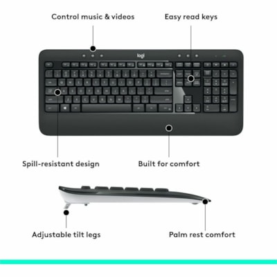Logitech MK540 Advanced Wireless Keyboard and Mouse Combo for Windows, 2.4 GHz Unifying USB-Receiver, Multimedia Hotkeys, 3-Year Battery Life, for PC, Laptop - USB Wireless RF Keyboard - Black - USB Wireless RF Mouse - Optical - 1000 dpi - Scroll Wheel - QWERTY - Black - Media Player, Calculator, On d - QWERTY - Optical - Wireles s - USB - Windows 7