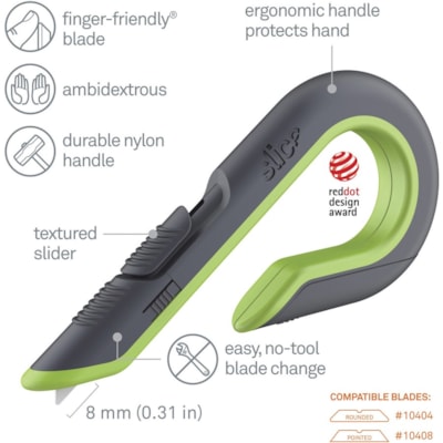 Slice Auto Retract Box Cutter - Ceramic Blade - 0.70" (17.78 mm) Height x 3.40" (86.36 mm) Width x 6.70" (170.18 mm) Length - Retractable, Non-sparking, Non-conductive, Ambidextrous, Ergonomic Design, J-hook Handle, Rust-free Blade - Acrylonitrile Butadiene Styrene (ABS), Stainless Steel, Carbon Ste CERAMIC BLADE AUTO -RETRACTING BLADE