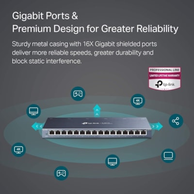 TP-Link 16-Port Gigabit Desktop Switch - 16 Ports - Gigabit Ethernet - 10/100/1000Base-T - 2 Layer Supported - 10 W Power Consumption - Twisted Pair - Desktop, Wall Mountable - 2 Year Limited Warranty  