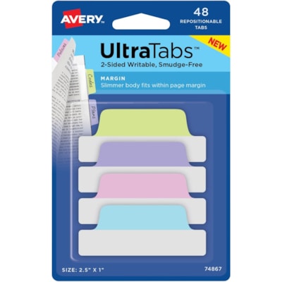 Avery® - Onglet dossier Ultra Tabs - 48 Onglet(s) - hauteur de l'onglet 1 po (25,40 mm) x largeur de l'onglet 2,50 po (63,50 mm) - Tab clair Film, Bleu pastel Papier, Rose pastel, Violet Pastel, Vert pastel - 48 / emballage PK/48  TWO SIDED  WRITABLE 