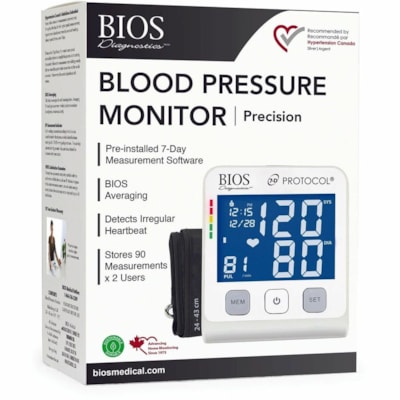 Bios Diagnostics Blood Pressure Monitor - BP Level Indicator, Large Display, Time Function, Date Function, Alarm, Irregular Heartbeat Detection 2 USERS  STORES 90 READINGS 