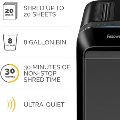 Fellowes Powershred LX220 Micro Cut Shredder - Micro Cut - 20 Per Pass - for shredding Paper, Credit Card, Paper Clip, Staples, Junk Mail - 0.2" (3.97 mm) x 0.5" (12.70 mm) Shred Size - P-4 - 1.40 in/s (35.56 mm/s) - 9" (228.60 mm) Throat - 20 Minute Run Time - 30.28 L Wastebin Capacity - Black P4. 9" THROAT. 8 GAL 30MIN ON/15MIN OFF.4200' T/PUT