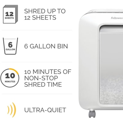 Fellowes Powershred LX200 100% Jam Proof Micro-cut Shredder - Continuous Shredder - Micro Cut - 12 Per Pass - for shredding Paper, Paper Clip, Credit Card, Staples, Junk Mail - 0.2" (3.97 mm) x 0.5" (12.70 mm) Shred Size - P-4 - 10 Minute Run Time - 15 Minute Cool Down Time - 22.71 L Wastebin Capaci P4. 9" THROAT. 5.8 GAL 10MIN ON/15MIN OFF.1080' T/PUT