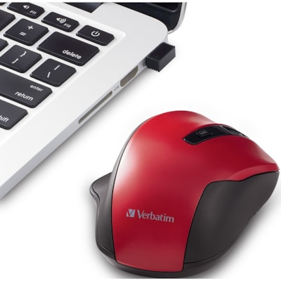 Verbatim Silent Ergonomic Wireless Blue LED Mouse - Red - Blue LED/Optical - Wireless - Radio Frequency - 2.40 GHz - Red - USB - 1600 dpi - 6 Button(s) - 1 Each RED 