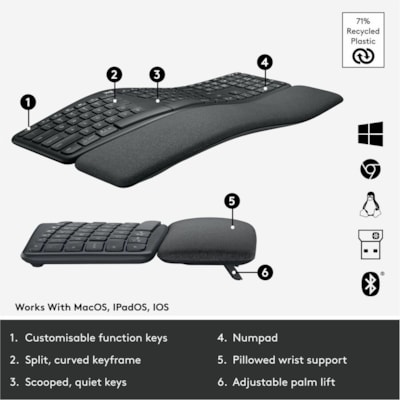 Logitech ERGO K860 Split Ergonomic Keyboard - Wireless Connectivity - Bluetooth/RF - 32.81 ft (10000 mm) - 2.40 GHz - USB Interface - Windows, Mac OS - AAA Battery Size Supported - Black ERGO WIRELESS KEYBOARD BLACK 