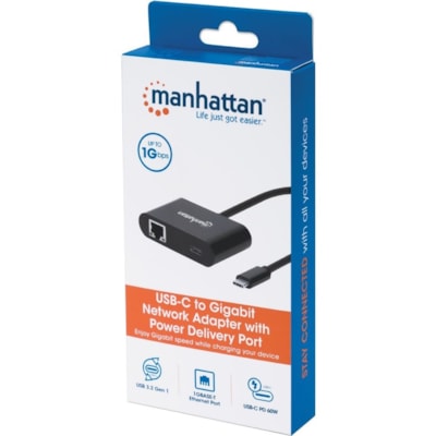 Manhattan USB-C to Gigabit Network Adapter With Power Delivery Port - USB 3.2 (Gen 1) Type C - 1 Port(s) - 1 - Twisted Pair - 10/100/1000Base-T - Portable work Adapter with Power Delive ry Port Gigabit (10/