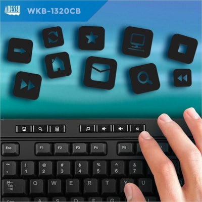 Adesso WKB-1320CB Antimicrobial Wireless Desktop Keyboard and Mouse - USB Membrane Wireless RF 2.40 GHz Keyboard - 104 Key - English (US) - Black - USB Wireless RF Mouse - Optical - 1200 dpi - Scroll Wheel - Black - Media Player, Volume Down, Volume Up, Mute, Play/Pause, Previous Track, Next Track,  p keyboard & mouse combo 