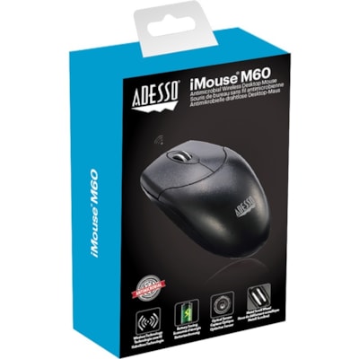 Adesso Antimicrobial Wireless Desktop Mouse - Optical - Wireless - 30 ft (9144 mm) - Radio Frequency - 2.40 GHz - Black - USB Type A - 1200 dpi - Scroll Wheel - 3 Button(s) - Symmetrical - 2 x AAA Battery Supported  MOUSE 