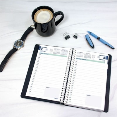 Blueline 2026 Essential 12-Month Daily Planner - January to December - 8" x 5" - Black - Bilingual - Daily - 12 Month - January 2026 to December 2026 - 7:00 AM to 7:30 PM - Half-hourly - 1 Day Single Page Layout - 5" (127 mm) x 8" (203.20 mm) Sheet Size - Spiral Bound - Black - Paper - 8" (203 mm) H  