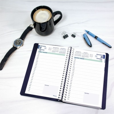 Blueline 2026 Essential 12-Month Daily Planner - January to December - 8" x 5" - Navy Blue - Bilingual - Daily - 12 Month - January 2026 to December 2026 - 7:00 AM to 7:30 PM - Half-hourly - 1 Day Single Page Layout - 5" (127 mm) x 8" (203.20 mm) Sheet Size - Spiral Bound - Blue - Paper - 8" (203 mm  