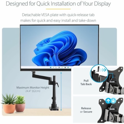 StarTech.com Desk Mount Monitor Arm with 2x USB 3.0 ports for VESA Display up to 34" (17.6lb/8kg), C-Clamp/Grommet, Mechanical Spring - VESA 75x75/100x100mm pole mount heavy duty single monitor arm for large 32in (16:9) or 34in (21:9/ultrawide) display up to 8kg; 2 USB 3.0 passthrough ports - Tilt/s  STND 