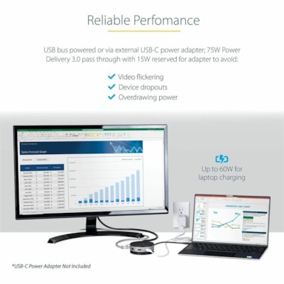 StarTech.com USB C Multiport Adapter - USB Type-C 10Gbps Mini Dock 4K 60Hz HDMI/DisplayPort/1080p VGA - 75W PD Passthrough, USB Hub & GbE - 10Gbps USB-C mini dock - Single 4K 60Hz monitor w/ DisplayPort 1.4 host (DP/HDMI 2.0 HDR) or 4K 30Hz w/ DP 1.2 host, or 1080p VGA - 2x USB-A/1x USB-C/GbE - USB-  