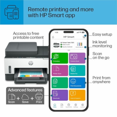 HP Smart Tank 7301 All-in-One Printer-Multifunction printer-color-ink-jet-refillable-Copier/Scanner-4800x1200 dpi Print-Automatic Duplex Print-5000 Pages-250 sheets Input-Color Flatbed Scanner-1200 dpi Optical Scan-Wireless LAN - Copier/Printer/Scanner - 4800 x 1200 dpi Print - Automatic Duplex Prin /Canada 