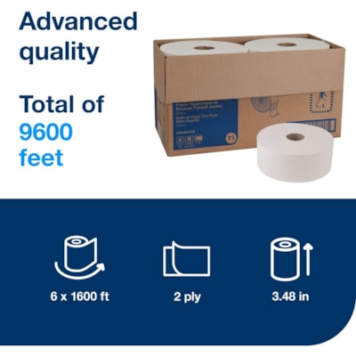 TORK Jumbo Toilet Paper Roll White T1 - 2 Ply - 10" (254 mm) Roll Diameter - 2.34" (59.44 mm) Core - White - Fiber, Paper - 6 Roll 3 5/9" X 1600' WHITE 