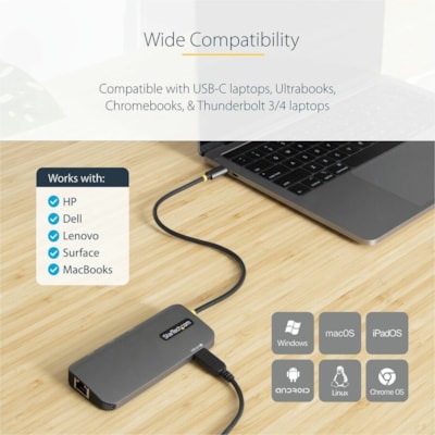 StarTech.com USB C Multiport Adapter, 4K 60Hz HDMI HDR10 Video, 3 Port 5Gbps USB 3.2 Hub, 100W PD PassThrough, GbE, Mini Travel Dock - USB C multiport adapter to 4K 60Hz HDMI video HDR with DP 1.4 Alt-Mode - 3x USB-A 5Gbps | 100W USB PD Pass-Through laptop charging - 12in cable - Portable Type-C min ZACCS 