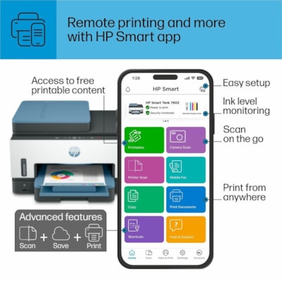 HP - Imprimante multifonction à jet d'encre 7602 Filaires et Sans fil Smart Tank - Couleur - Copieur/Télécopieur/Imprimante/Scanner - 4800 x 1200 dpi Impression - Automatique Recto/Verso - jusqu'à 6000 Pages mensuelles - Couleur Scanner à Plat Scanner - 1200 dpi Scanner   